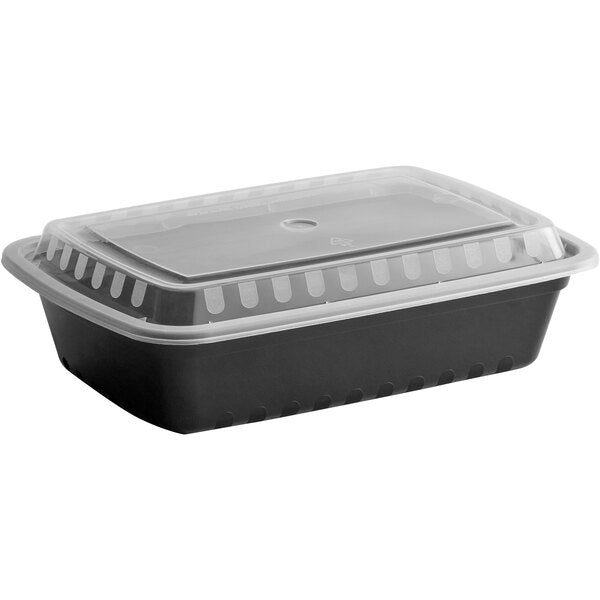 Crystalware - 8.75" x 6" x 2", 38 Oz Plastic Black Heavy Weight Rectangular Container Combo with Clear Lid, Pack of 150 - CSWP38CRTB150
