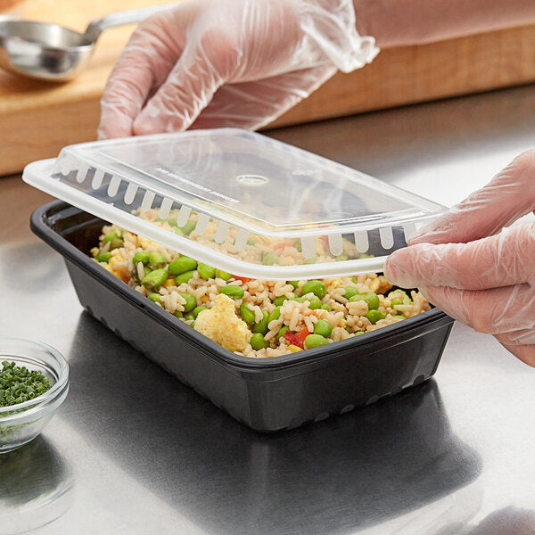 Crystalware - 8.75" x 6" x 2", 38 Oz Plastic Black Heavy Weight Rectangular Container Combo with Clear Lid, Pack of 150 - CSWP38CRTB150