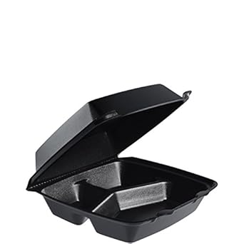 Dart Container - 8.4" x 7.9" x 3.3", 3 Compartment Black Foam Hinged Container, Pack of 200 - DRT85HTB3R