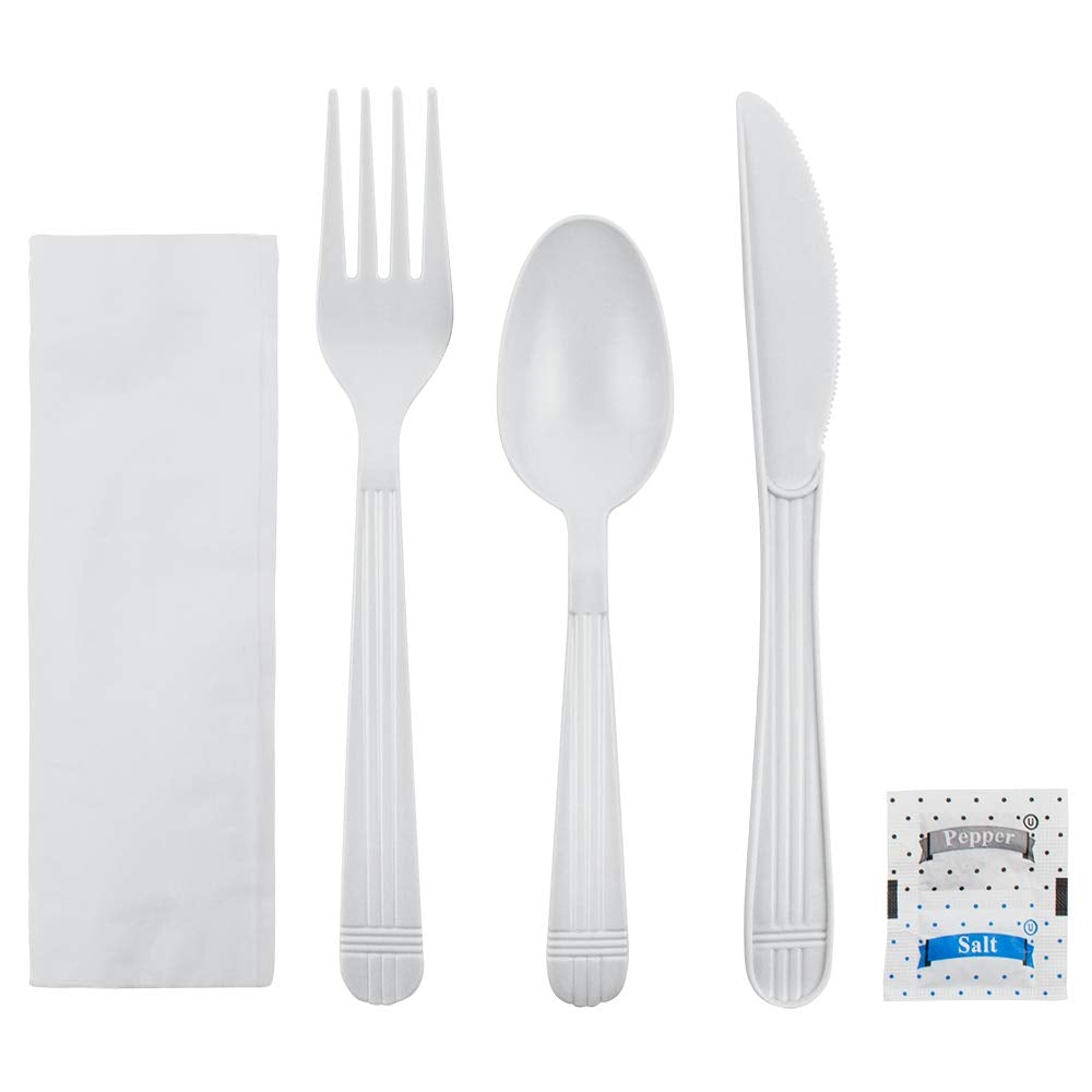 Karat - Polypro White Medium Knife, Fork, Teaspoon, S&P, Napkin Cutlery Kit, Pack of 250 - KARU2209W
