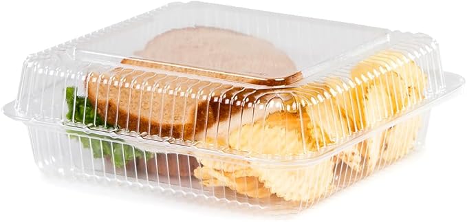 Detroit Forming - 8" x 7" x 2.1" Plastic Clear Hinged Shallow Container with Button Lock, Pack of 250 - DFILBH871