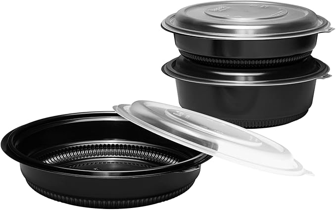 32 Oz Round Black Microwavable Container Combo with Clear Lid, Pack of 150 - HPGBB8399S