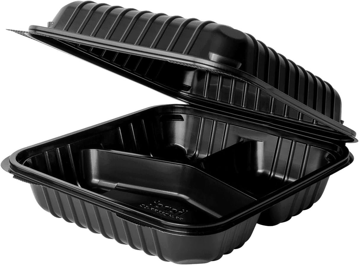 RitePak - 8" x 8" x 2.8" Polystyrene Black Snap Lock 3 Compartment Hinged Container, Pack of 150 - RPHS803B