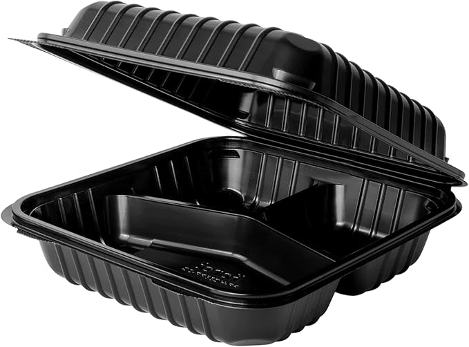 Karat - 8" x 8" Polypropylene Black 3 Compartment Hinged Container, 250/cs, 24/sk - KARHC88PP3CB