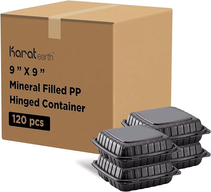 Karat - 9" x 9" Polypropylene Black 3 Compartment Hinged Container, 120/cs, 44/sk - KARHC993CB