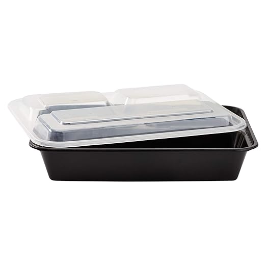 Karat - 8.8" x 6.1" x 1.9", 32 Oz Polypropylene Black Base 3 Compartment with Clear Lid Rectangular Container, Pack of 150 - KARIMFC1032B3C
