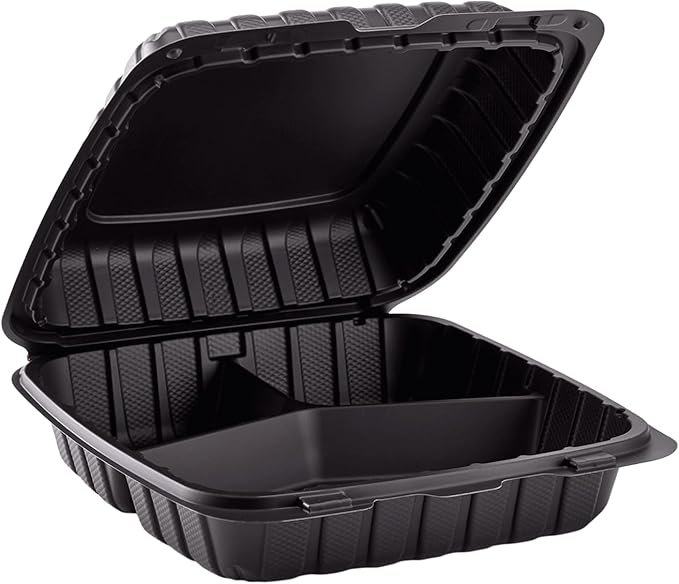 Karat - 9" x 9" Polypropylene Black 3 Compartment Hinged Container, 120/cs, 44/sk - KARHC993CB