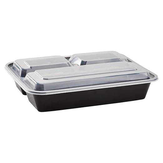 Karat - 8.8" x 6.1" x 1.9", 32 Oz Polypropylene Black Base 3 Compartment with Clear Lid Rectangular Container, Pack of 150 - KARIMFC1032B3C