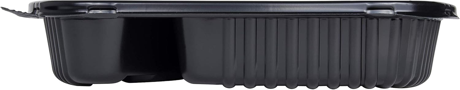 Karat - 36 Oz PP Plastic Microwaveable Black Take Out Box with 3 Compartment, 300/cs, 32/sk - KARFPBBL363C