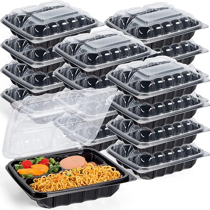 PCMPAK - 8" x 8" Black MFPP Microwavable Hinged Lid Container with 3 Compartment, Pack of 180 - PCMSL83B