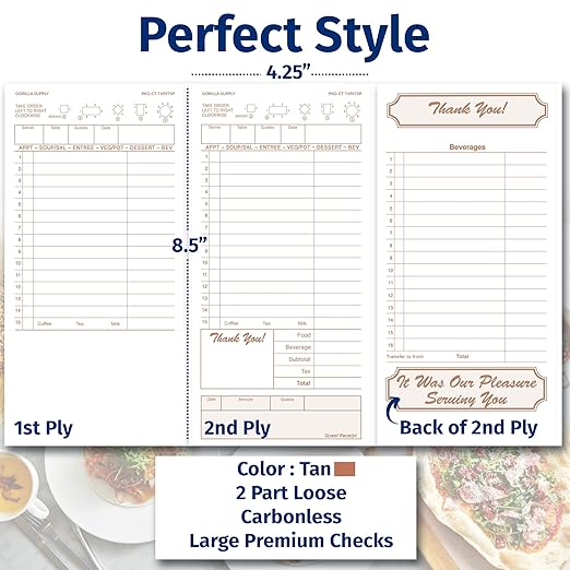 Direct Paper Supply - 4.25" x 8.5" CCT-T4997-SP 3 Ply Carbonless, Perforated Tan Guest Checks, Pack of 250 - DIRT49973SP
