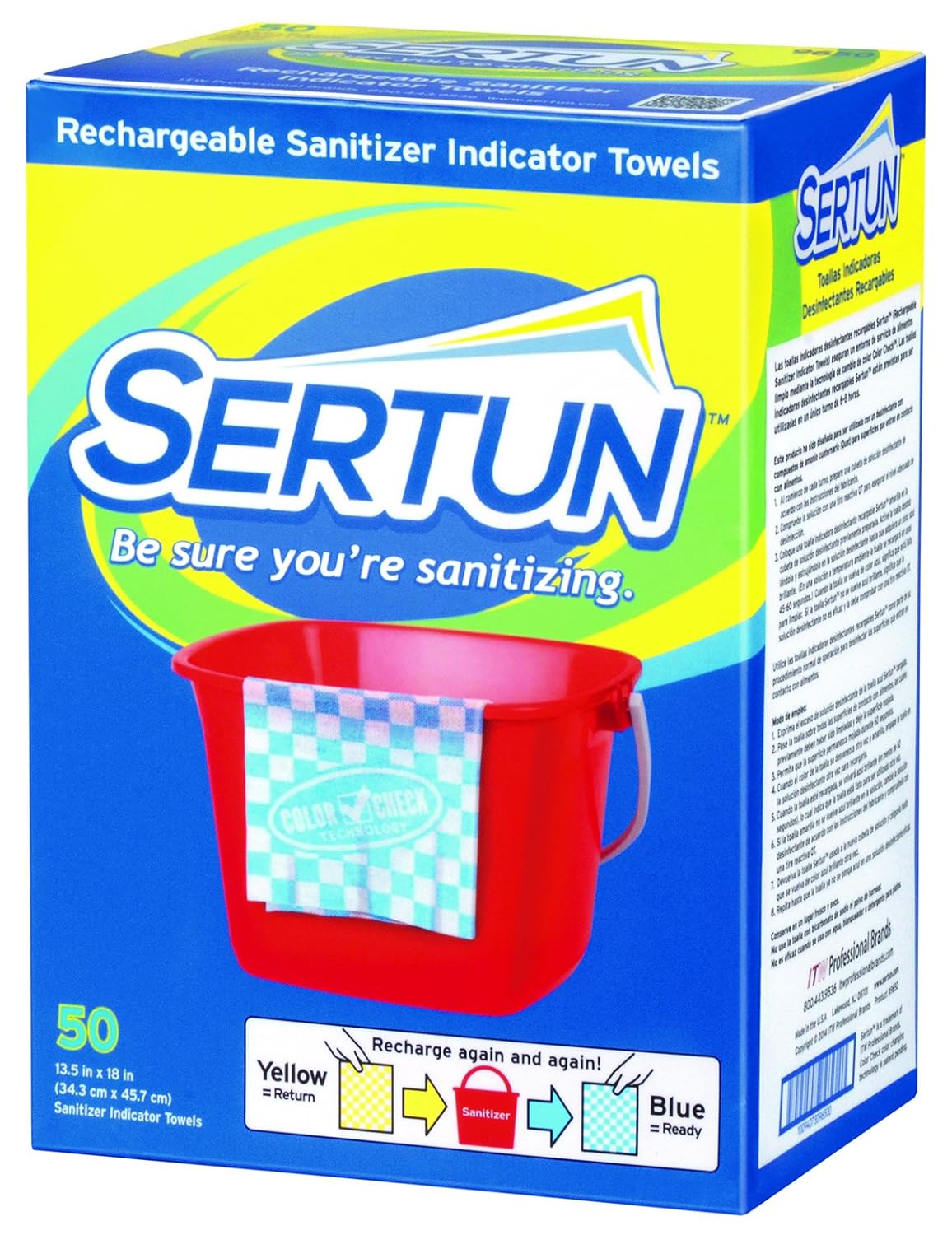 Sertun - 9650, 13.5" X 18" Yellow/White Rechargeable Sanitizer Indicator Towels with Color Check Technology - ITW9650