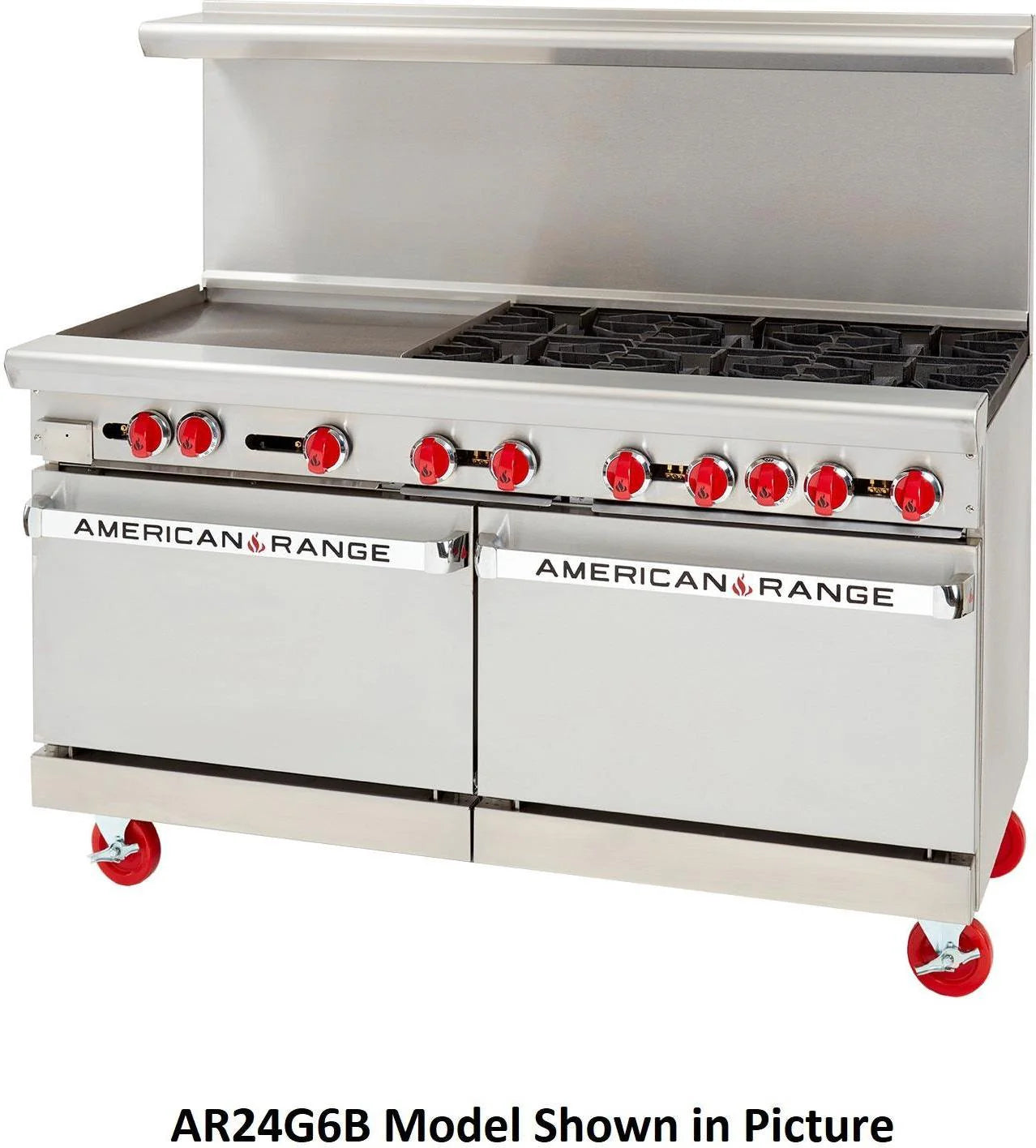 American Range - 60" Stainless Steel Restaurant Range 24" Griddles and 6 Burners With 26.5" 1 Convection Oven and 1 Storage Base - AR-24G-6B-CL-SBR