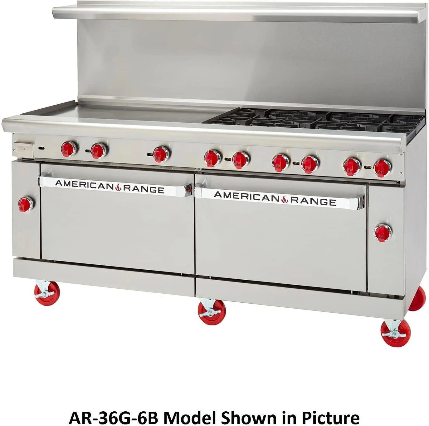 American Range - 72" Stainless Steel Restaurant Range 36" Griddles 6 Burners With 26.5" 1 Standard Oven and 1 Storage Base - AR-36G-6B-126L-SBR