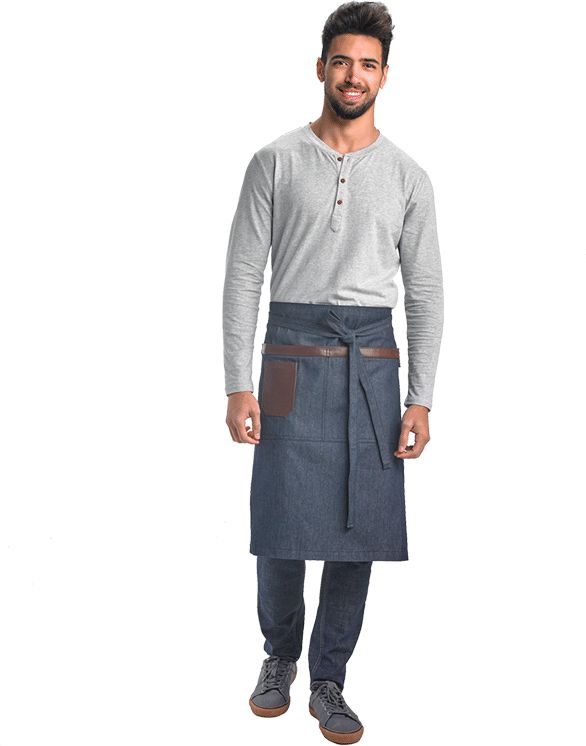 Barfly - 25.5" x 30.5" Metro Edge Wyatt Indigo Draper Denim Bistro Apron with Brown Leather Details - M63204DEN