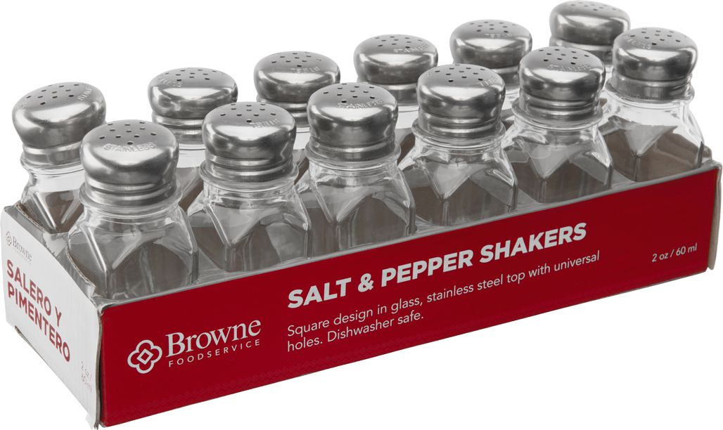 Browne - 2 Oz Salt & Pepper Glass Shaker Tower with Chrome Top, Pack of 12 - 575222