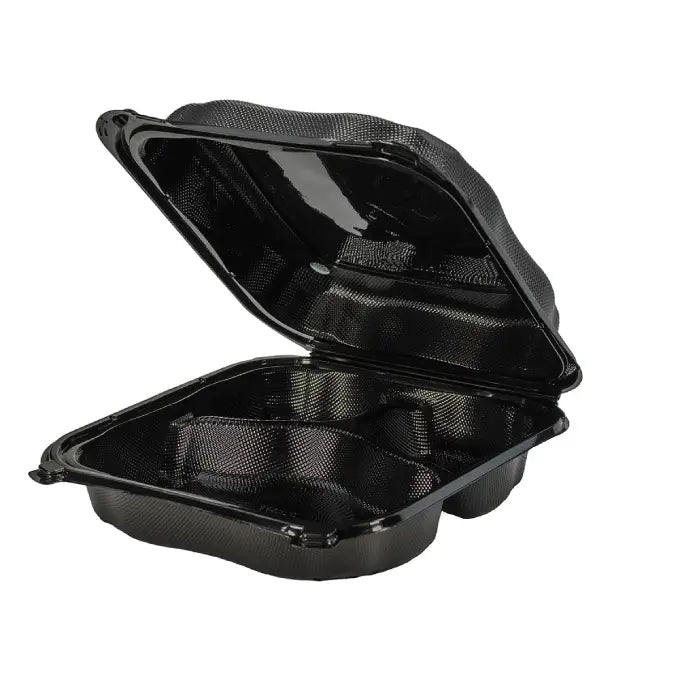 RitePak - 9" x 9" x 2.95" Polystyrene Black Snap Lock 3 Compartment Hinged Container, Pack of 150 - RPHS903B