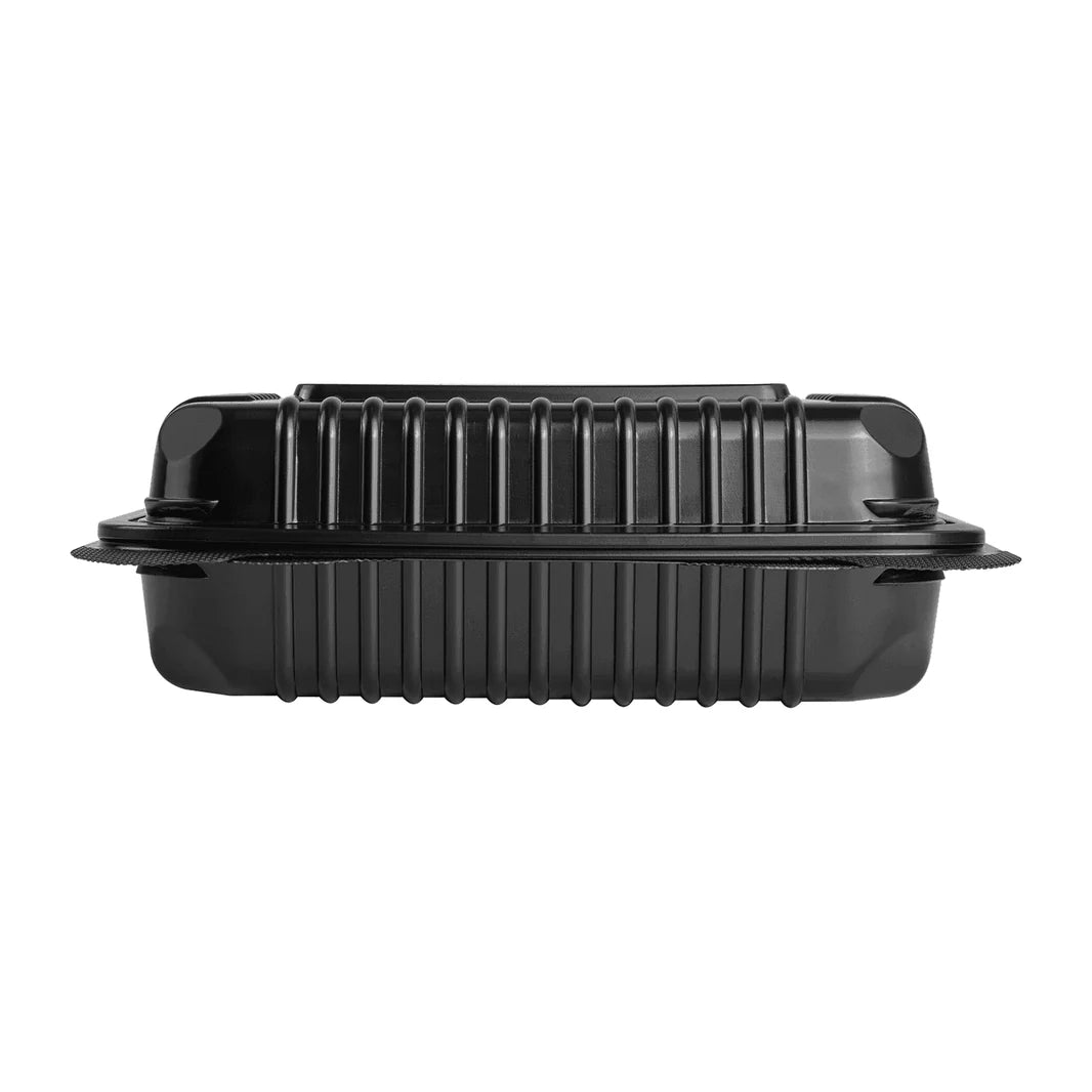 Karat - 9" x 6" Polypropylene Black 1 Compartment Hinged Container, 250/cs, 21/sk - KARHC96PP1CB