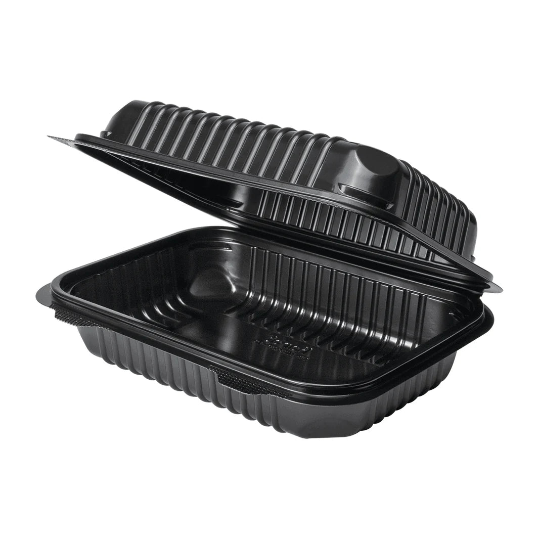 Karat - 9" x 6" Polypropylene Black 1 Compartment Hinged Container, 250/cs, 21/sk - KARHC96PP1CB