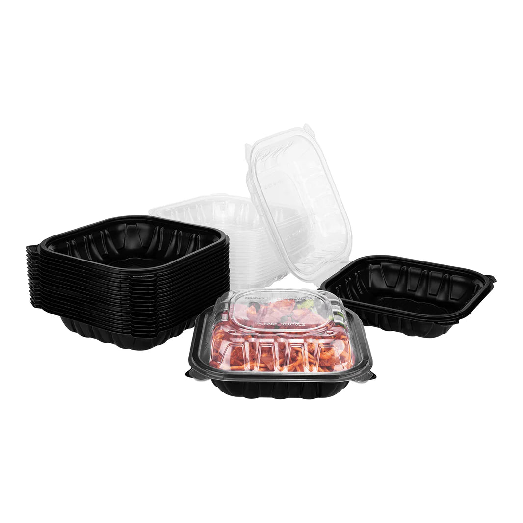 Karat - 8.75" x 6" x 2", 38 Oz Polypropylene Rectangular Black Container Combo with Clear Lid, Pack of 150 - KARIMFC1038B