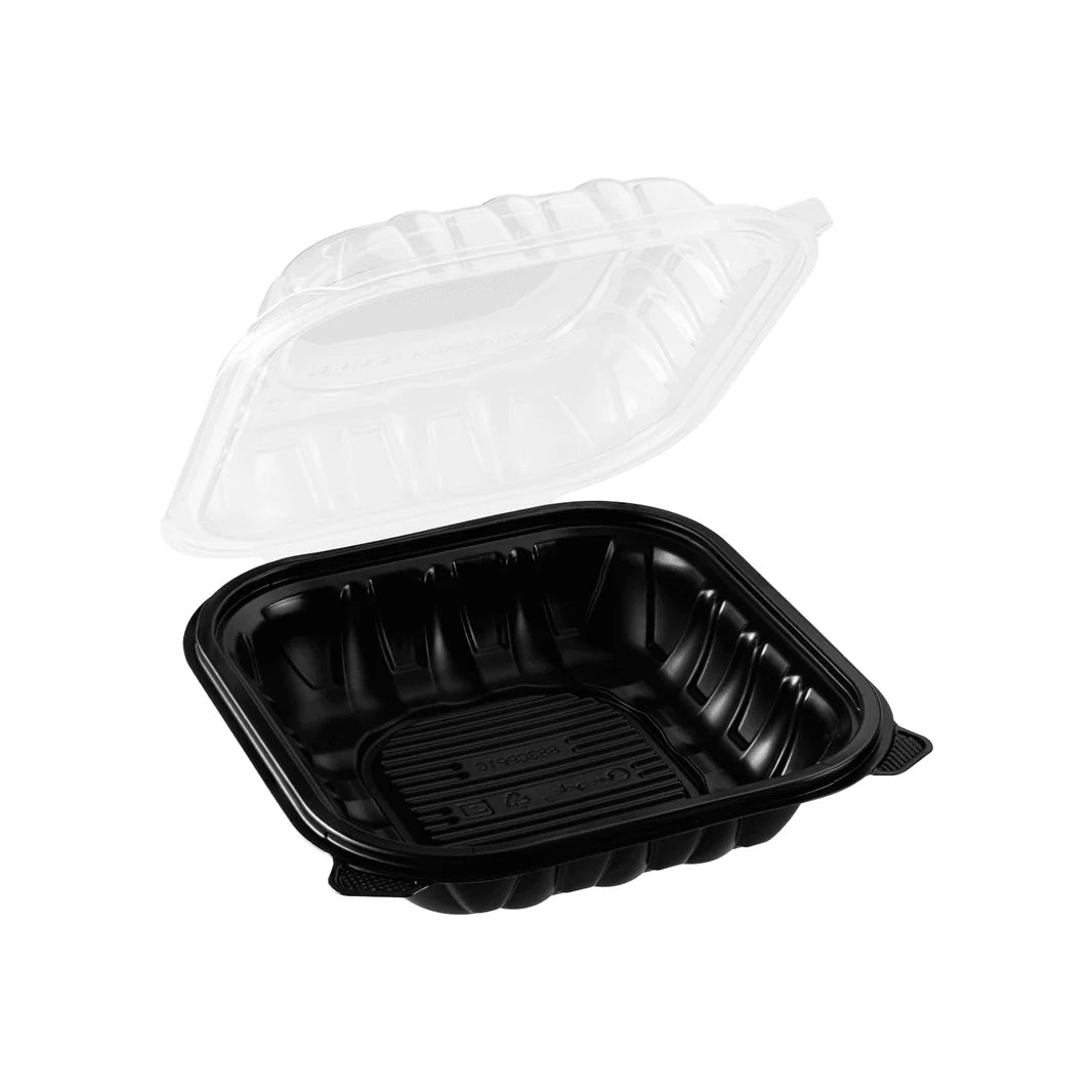 Karat - 8.75" x 6" x 2", 38 Oz Polypropylene Rectangular Black Container Combo with Clear Lid, Pack of 150 - KARIMFC1038B