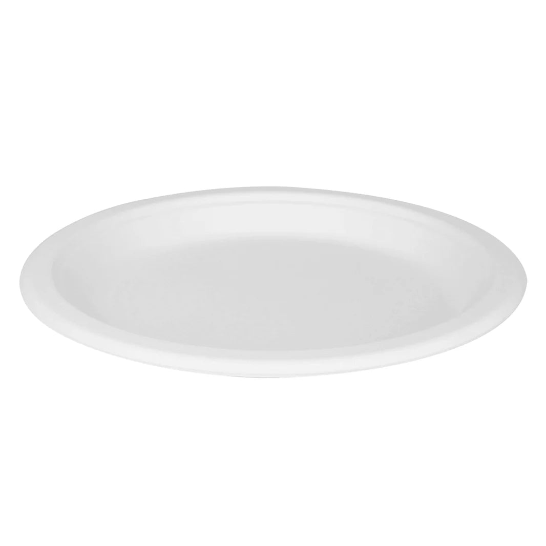 Karat - 9" Round Bagasse White Plate, 500/cs, 42/sk - KARBPR09
