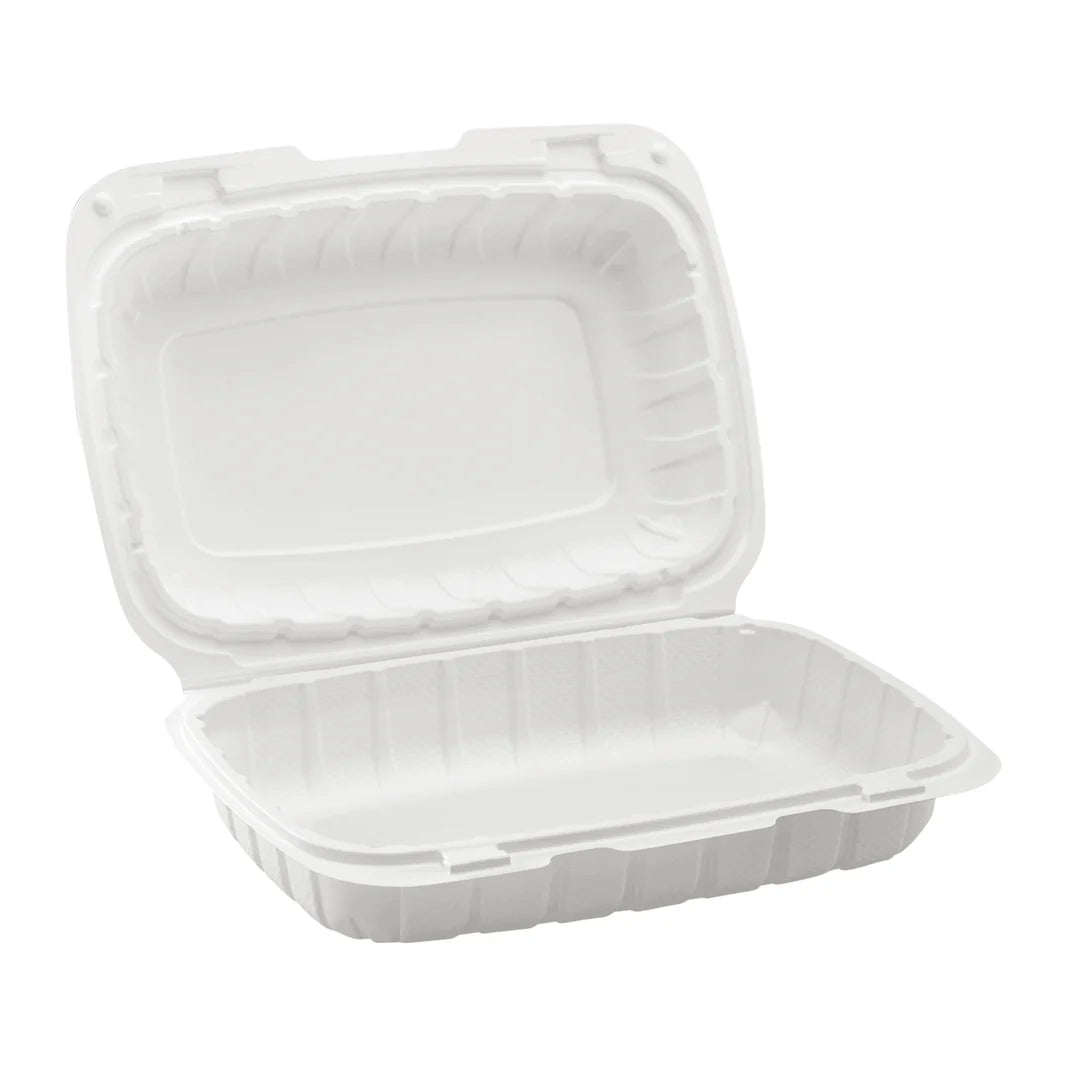 Karat - 9" x 6" Polypropylene Mineral Filled White 1 Compartment Hinged Container, 250/cs, 28/sk - KARHC961CW
