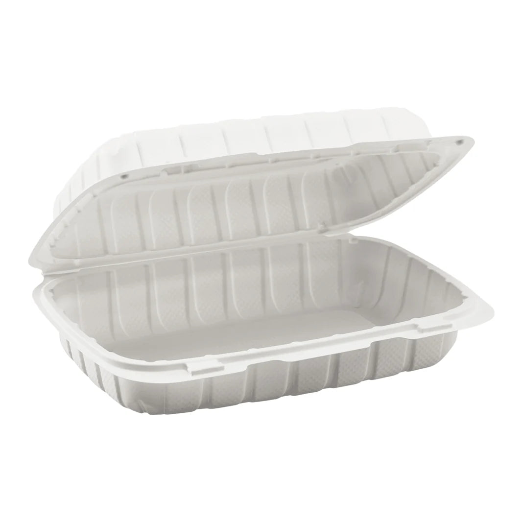 Karat - 9" x 6" Polypropylene Mineral Filled White 1 Compartment Hinged Container, 250/cs, 28/sk - KARHC961CW