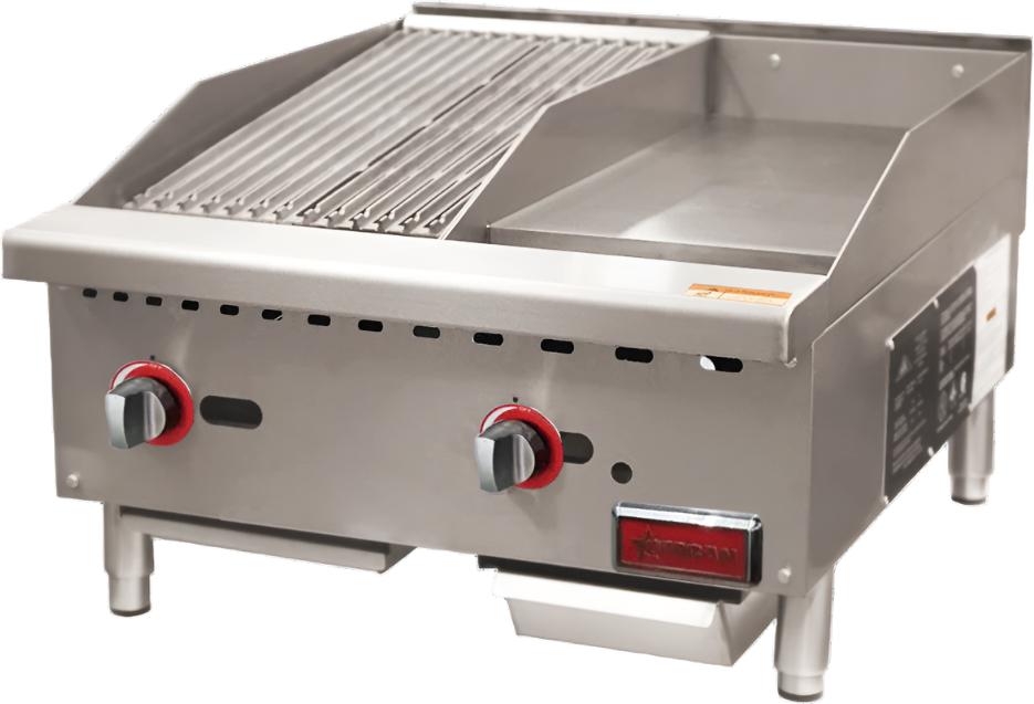 Omcan - 24″ Countertop 65,000 BTU Gas Combination Charbroiler and Griddle Combo - 48295