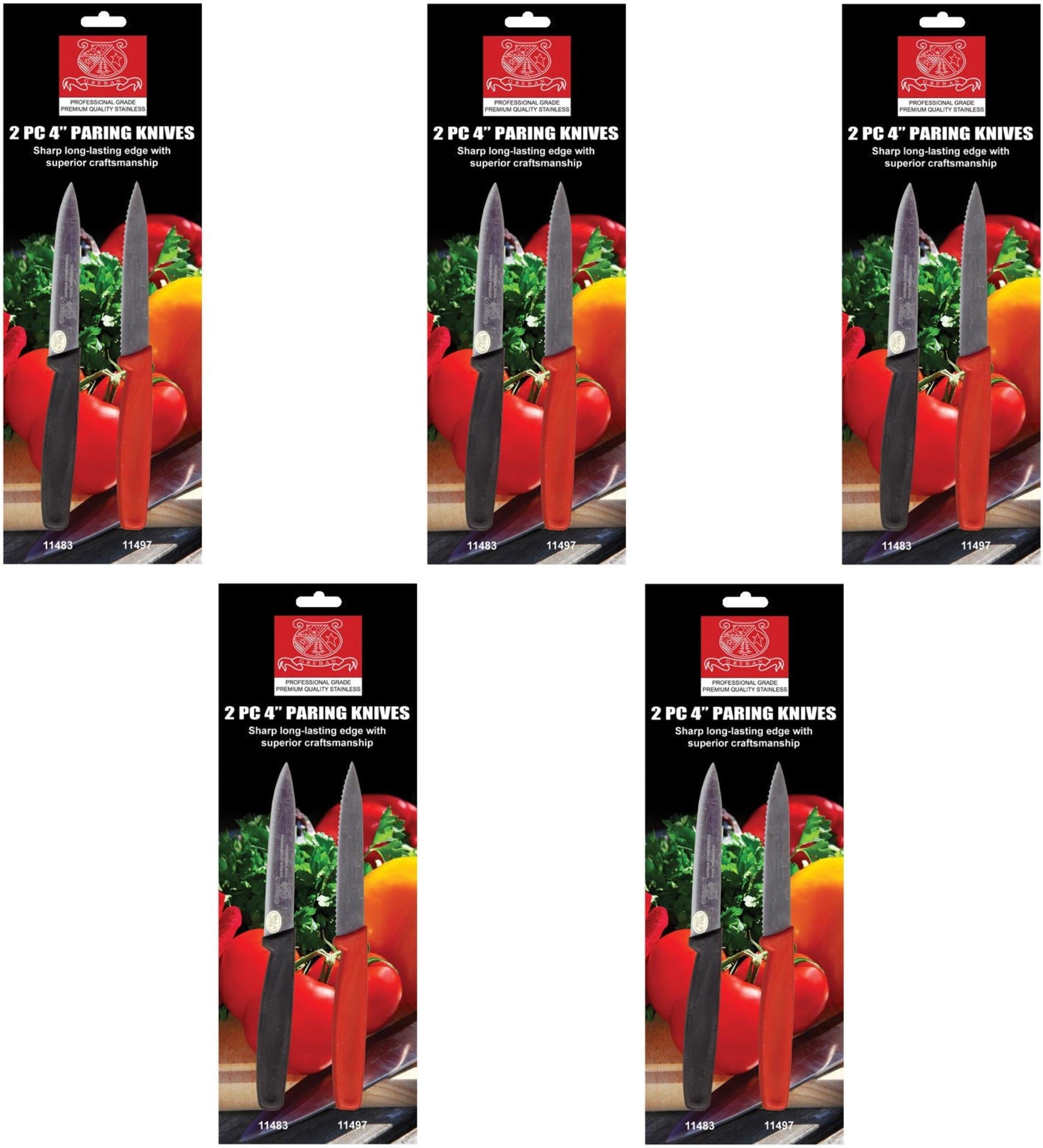 Omcan - Retail-Ready 4" Straight Paring Knife and 4" Wave Paring Knife, Pack of 5 - 21874