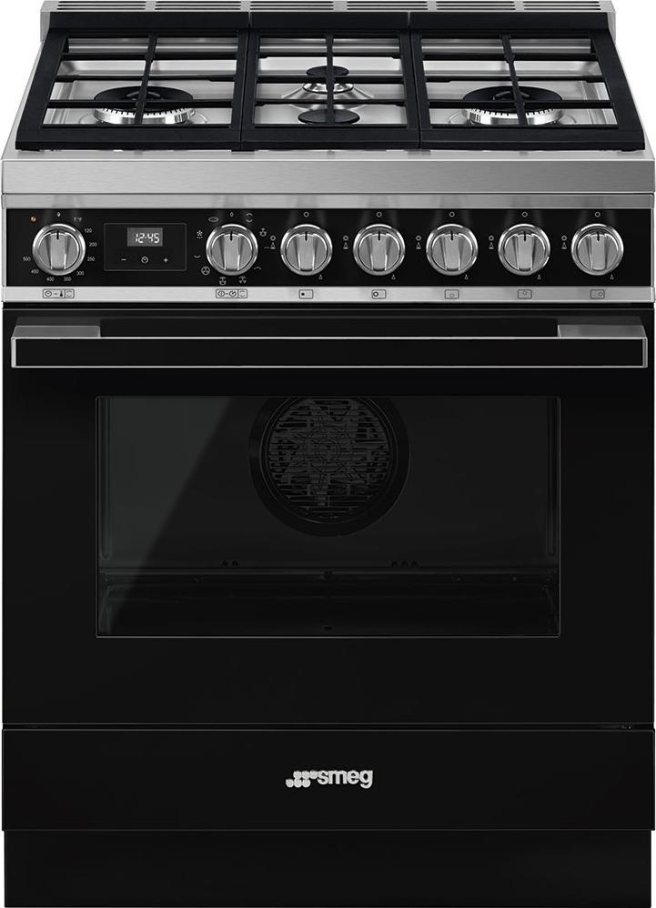 Smeg - Portofino 30" Black Stainless Steel 4-Burner Dual Fuel Range - CPF30UGMBL (Special Order Item)