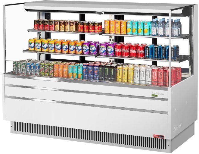 Turbo Air - 70.75" White Low Profile Horizontal Open Display Case with 2 Tiers 4 Glass Shelves + Deck - TOM-72L-UFD-W-3S-N (ETA 5-6 Weeks)