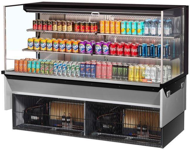 Turbo Air - 71.6" Black Low Profile Drop-In Horizontal Open Display Case with 2 Tiers 4 Glass Shelves + Deck - TOM-72L-UF-B-3SI-N (ETA 5-6 Weeks)