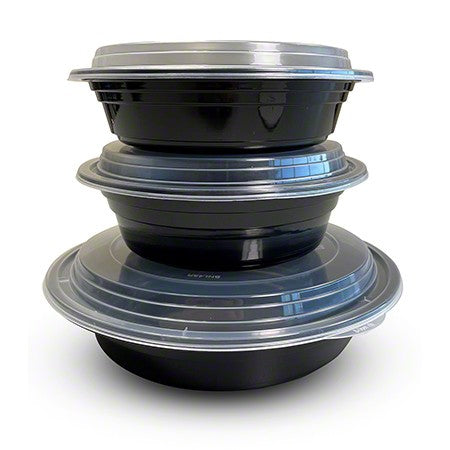 Empress - 7", 24 Oz Black Base with Clear Lid Round Container, Pack of 150 - EMPEMBL24R