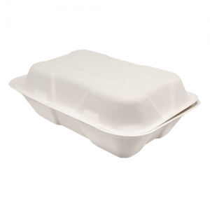 Karat - 9" x 6"Natural Bagasse 1 Compartment Hinged Container, 200/cs, 42/sk - KARBHC96N1CFF