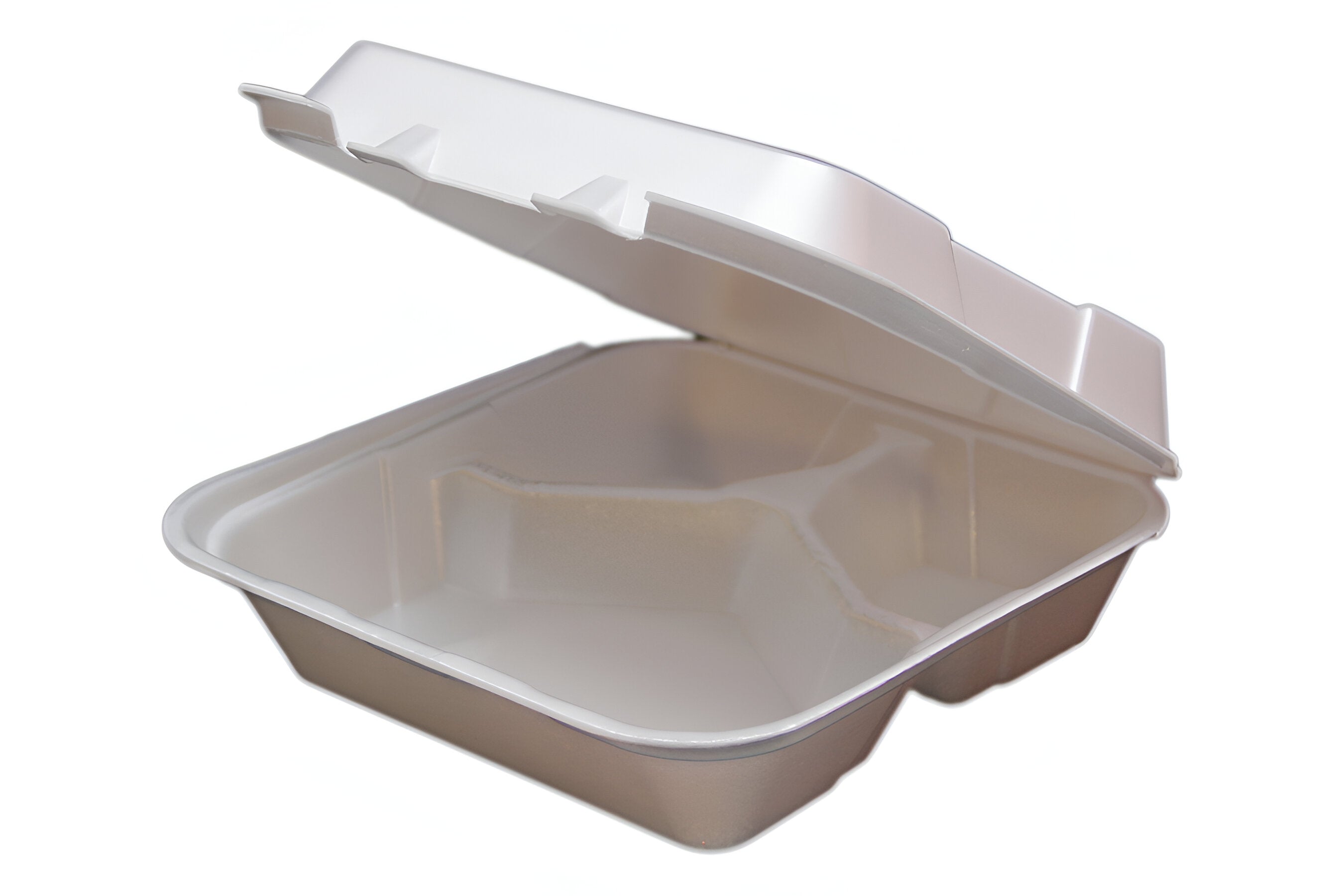 Ecopax - 8.5" x 8.25" x 3.75" White 3 Compartment U-Vent Foam Hinged Container, Pack of 200 - ECORE883