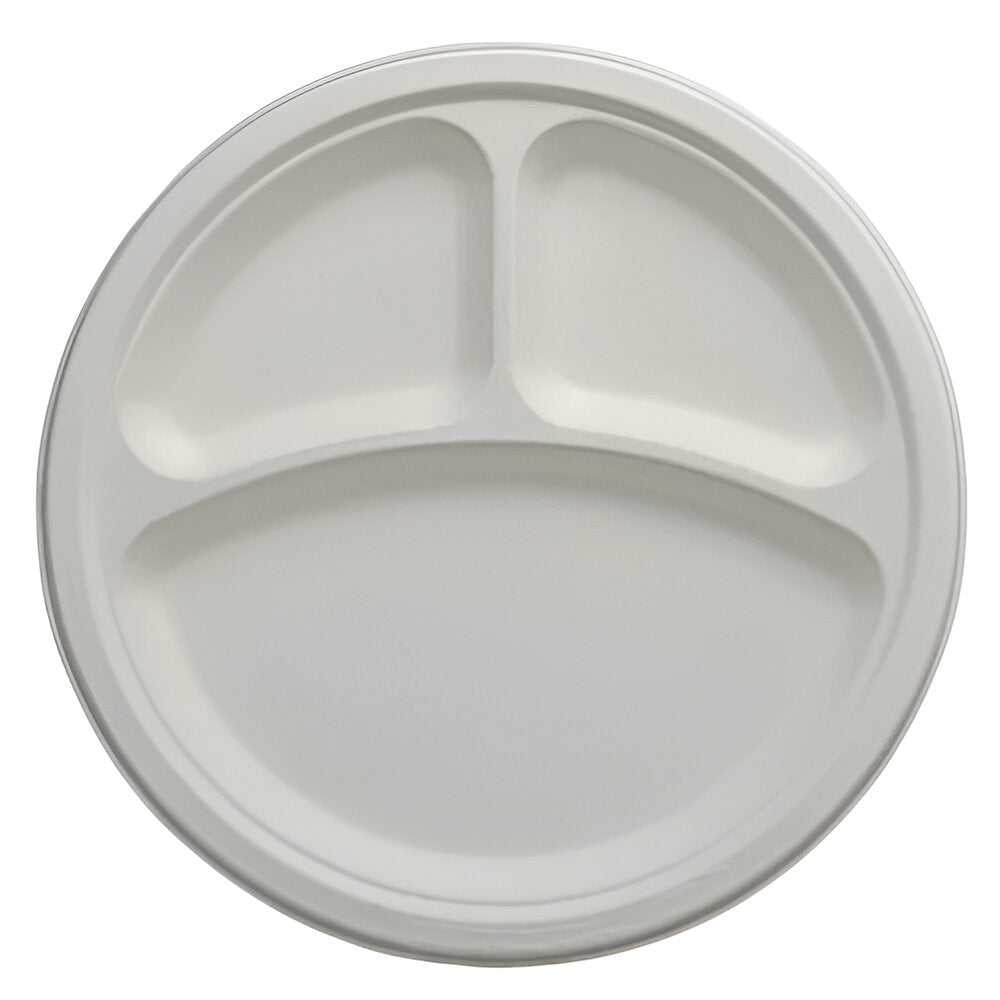 Empress - 10" Natural Bagasse 3 Compartment Round Plate, 4/125cs - EMPEPL11PF