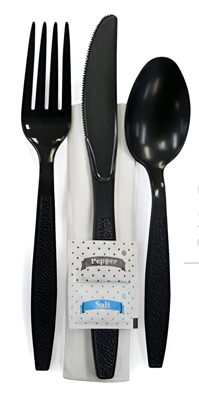 Crystalware - 12" x 13" Black Heavy Weight Cutlery Kit with 6 Pieces - CSWSL6PBFKTSPN