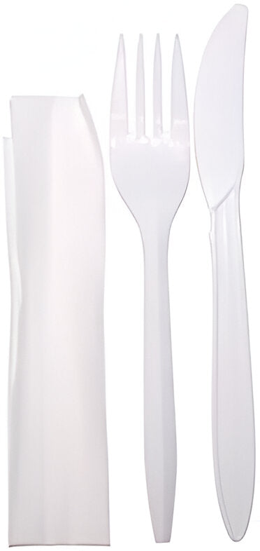Crystalware - 12" x 13" White Medium Weight Cutlery Kit with 3 Pieces, 500/cs - CSW3PCWFKN500
