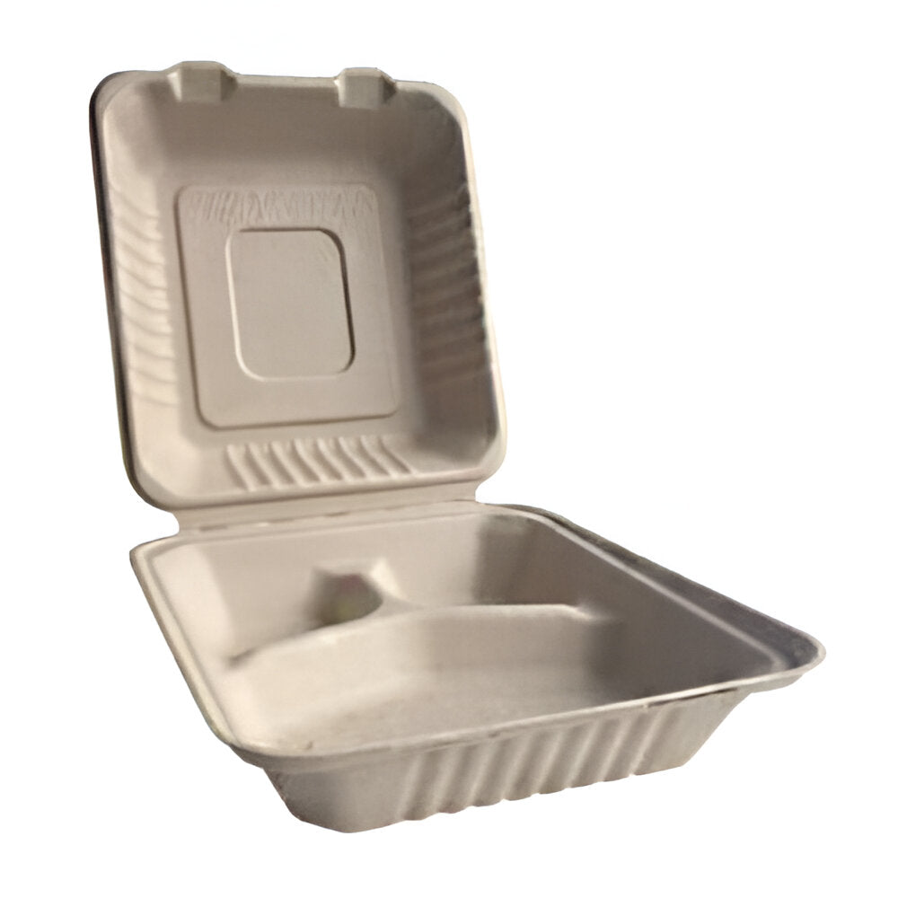 Better Earth - 8" x 8" Bamboo 3 Compartment Paper Hinged Container, Pack of 200 - BEABEFC883