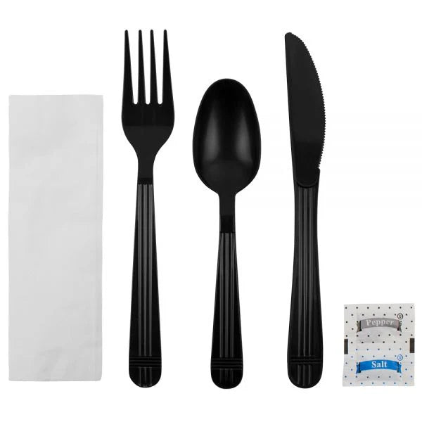 Karat - Polypropylene Black Heavy Weight Knife, Fork, Soup Spoon, Salt, Pepper, Napkin Cutlery Kit, Pack of 250 - KARU2203B
